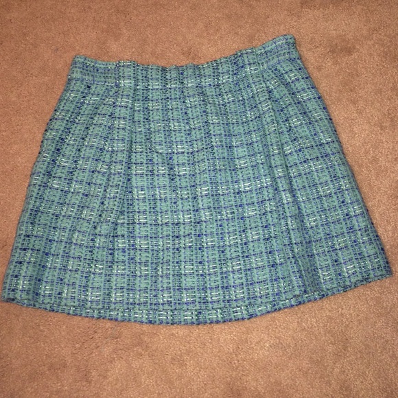 J Crew blue and teal, gathered waist, tweed mini
