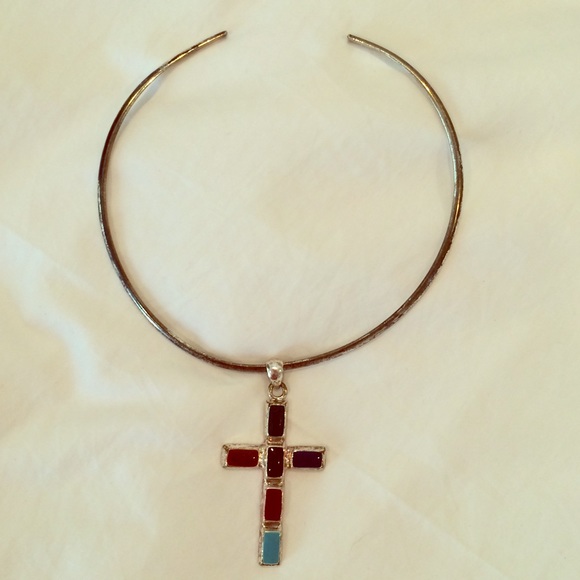 Silver necklace with cross and rhinestone charms