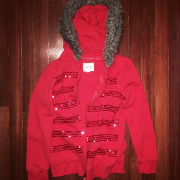 Red sequined hoodie with fur collar