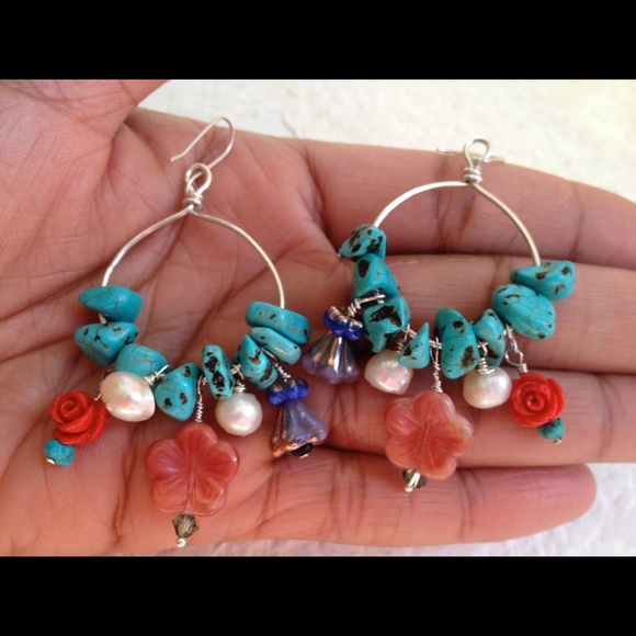 Sterling Silver Hoop Boho Earrings Blue Stone Artisan
