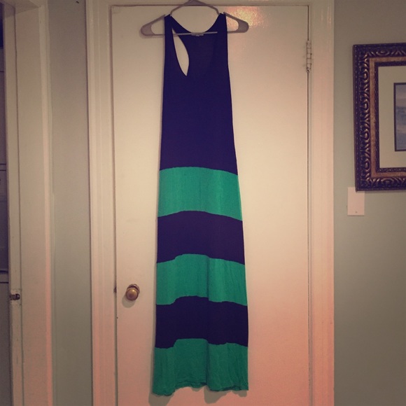 Navy blue and green striped maxi dress