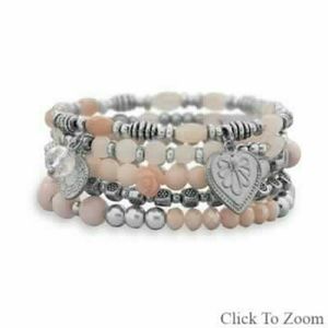 Set of 5 Silver Tone Multicharm  Stretch Bracelet