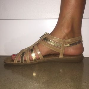 Nude and gold low gladiator sandals
