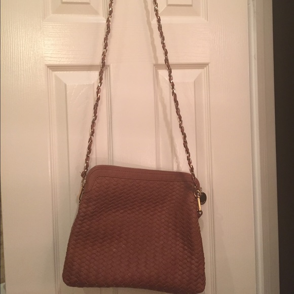 Brown basket weave messenger bag