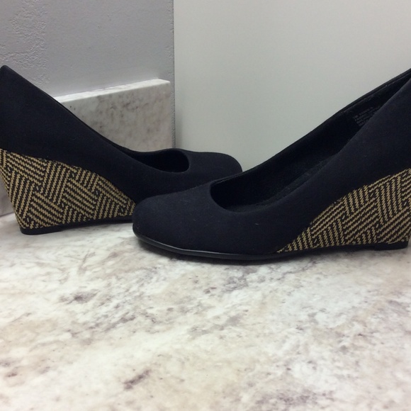 Black Fabric Wedges with Funky Heel Design