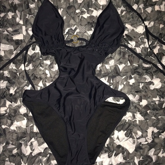 Black Monokini Swimsuit with Gold Ring NWOT