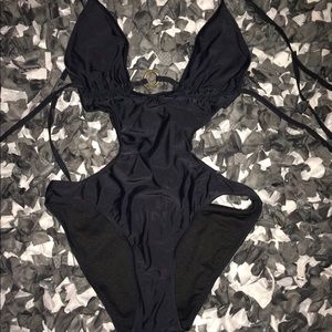 Black Monokini Swimsuit with Gold Ring NWOT