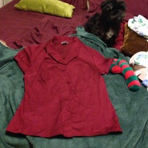 Ann Taylor burgundy shirt and Burberry Capri jeans