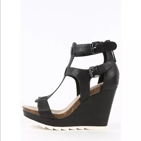 Leatherette Black Buckle Wedges