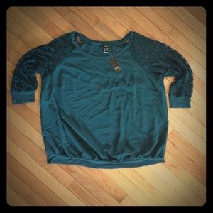 Torrid Teal Blouse with Lace Sleeves