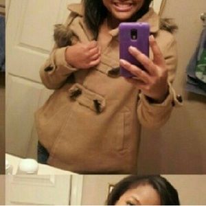 Tan peacoat with hood