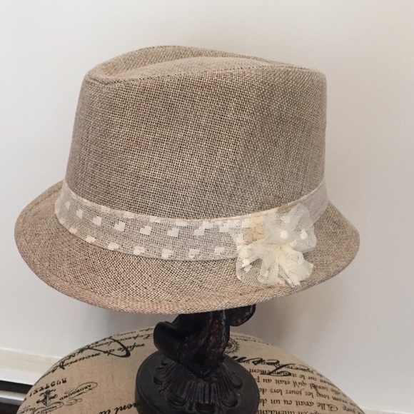 Tan hat fedora white flower with lace trim