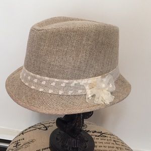 Tan hat fedora white flower with lace trim