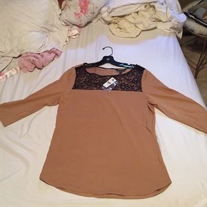 Tan blouse with black lace
