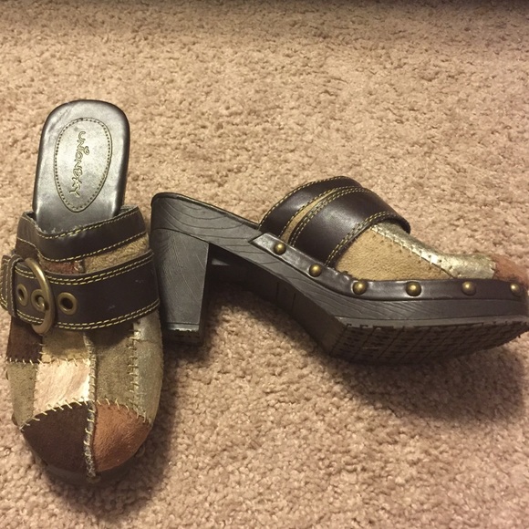 Patchwork high heel clogs