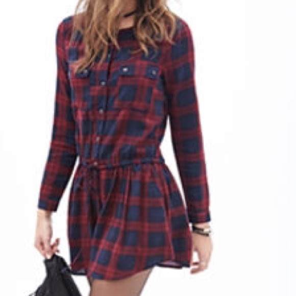 Forever 21 green and blue plaid shirt dress