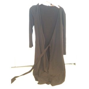 Black wrap dress. Just above the knee