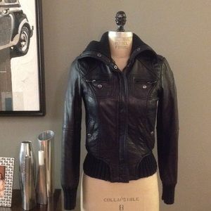 Michael Kors black leather jacket/knit collar