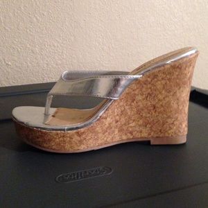 Silver Metallic Wedge Thong Sandals.