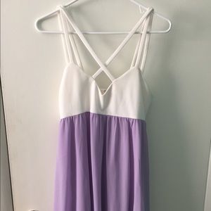 Short purple and white flowy sundress