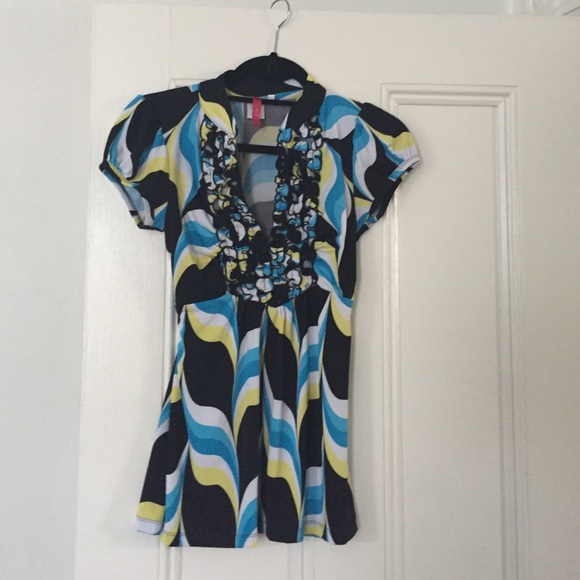Yellow, Aqua, black and white short sleeve blouse - Picture 1 of 1