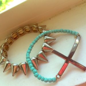 Silver cross and spike bracelet set