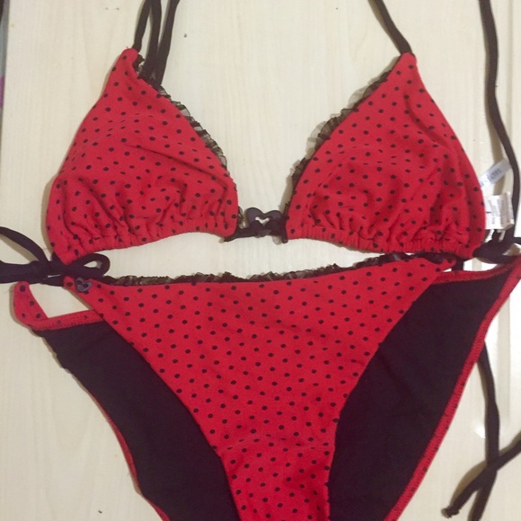 Red with black polka dots triangle bikini