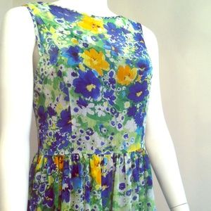 Silk sheer blue knee length floral yellow dress m