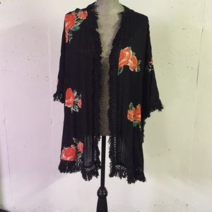 Black Floral Fringe Kimono Top