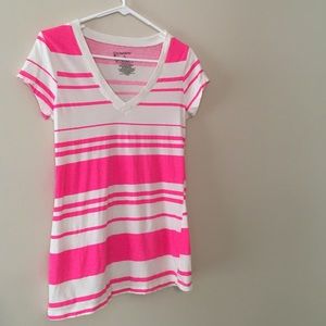 White and neon pink striped shirt