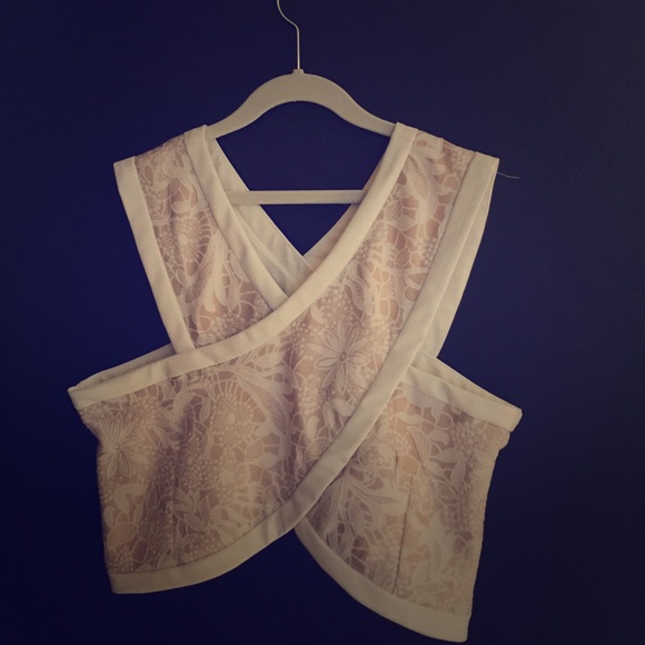 Cream Y neck crop top with "leather" trim