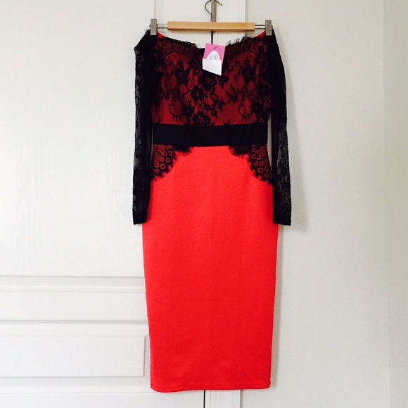 Stretchable Red Satin dress with lace top