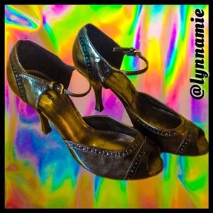 Bronze, brown and black peep toe heels