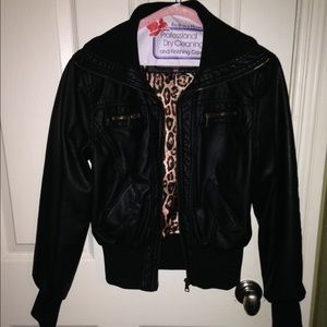 Black faux leather bomber jacket