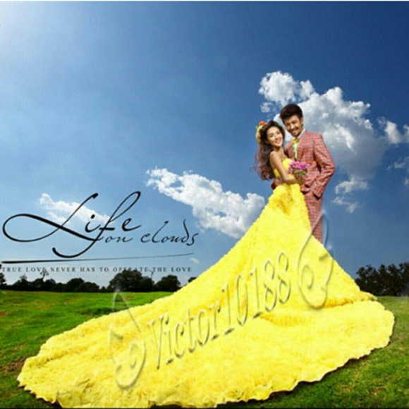 Yellow Train Wedding Dress, Prom Party &Ball Gown
