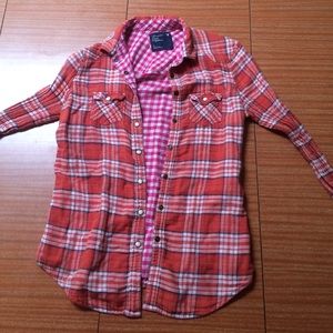 AE red-orange plaid flannel LS top size 4
