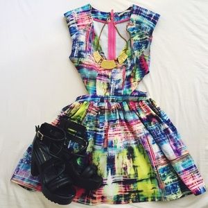 Colorful Abstract Print Cut-out Dress