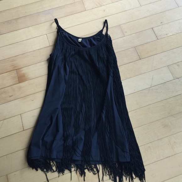 Short form fitting black fringe dress