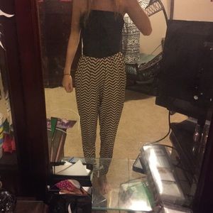 Strapless pantsuit, tan and black chevron