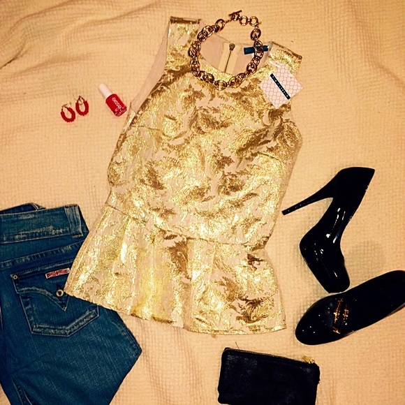 Pim and Larkin Gold Jacquard Peplum sleeveless top