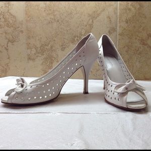 White Leather Pumps w/ Bow Tie Accents
