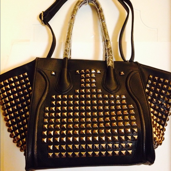 Large black vegan leather rivet trapeze bag NWT
