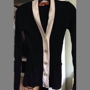 Black/cream Tory Burch sweater with gold buttons