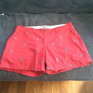 Coral shorts with teal anchors
