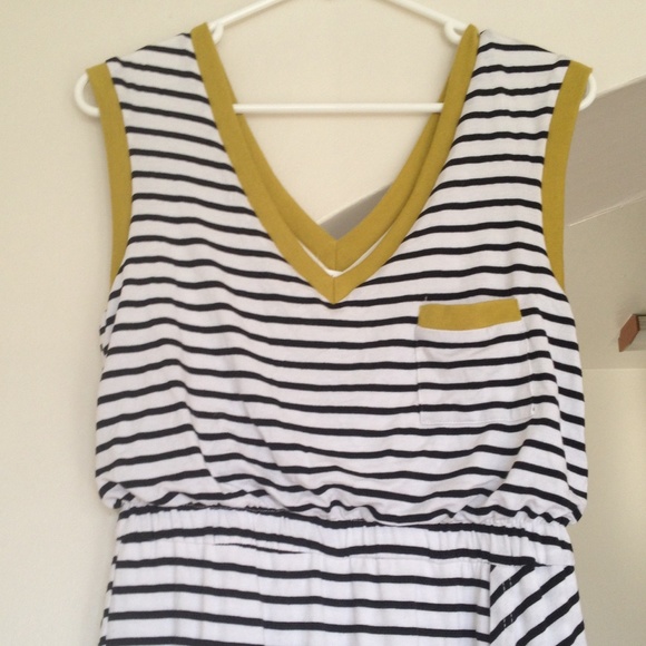 Esley black & white stripe dress with mustard trim