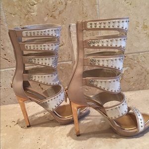 BCBG Maxazria snakeskin gladiator heels