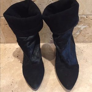 Black calfhair and suede slouchy wedges