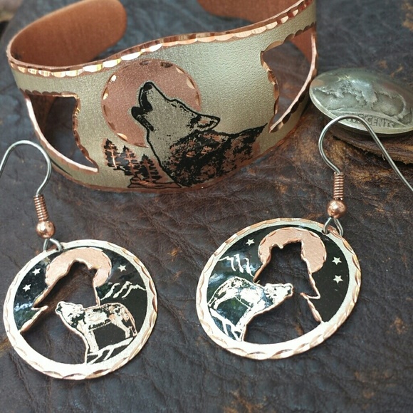 Real copper wolf cuff and earrings