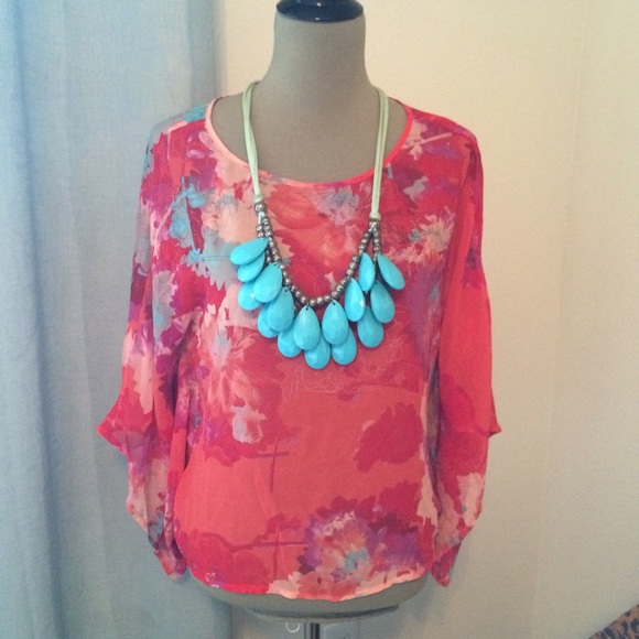 Kimono top RED floral print shirt bell sleeve - Picture 2 of 4