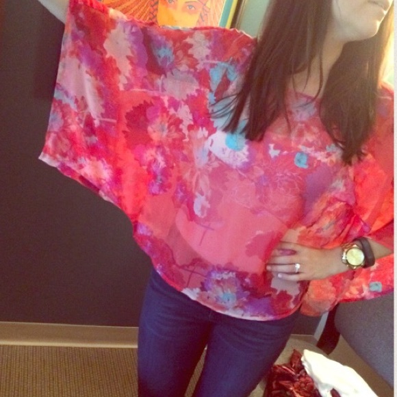Kimono top RED floral print shirt bell sleeve - Picture 4 of 4
